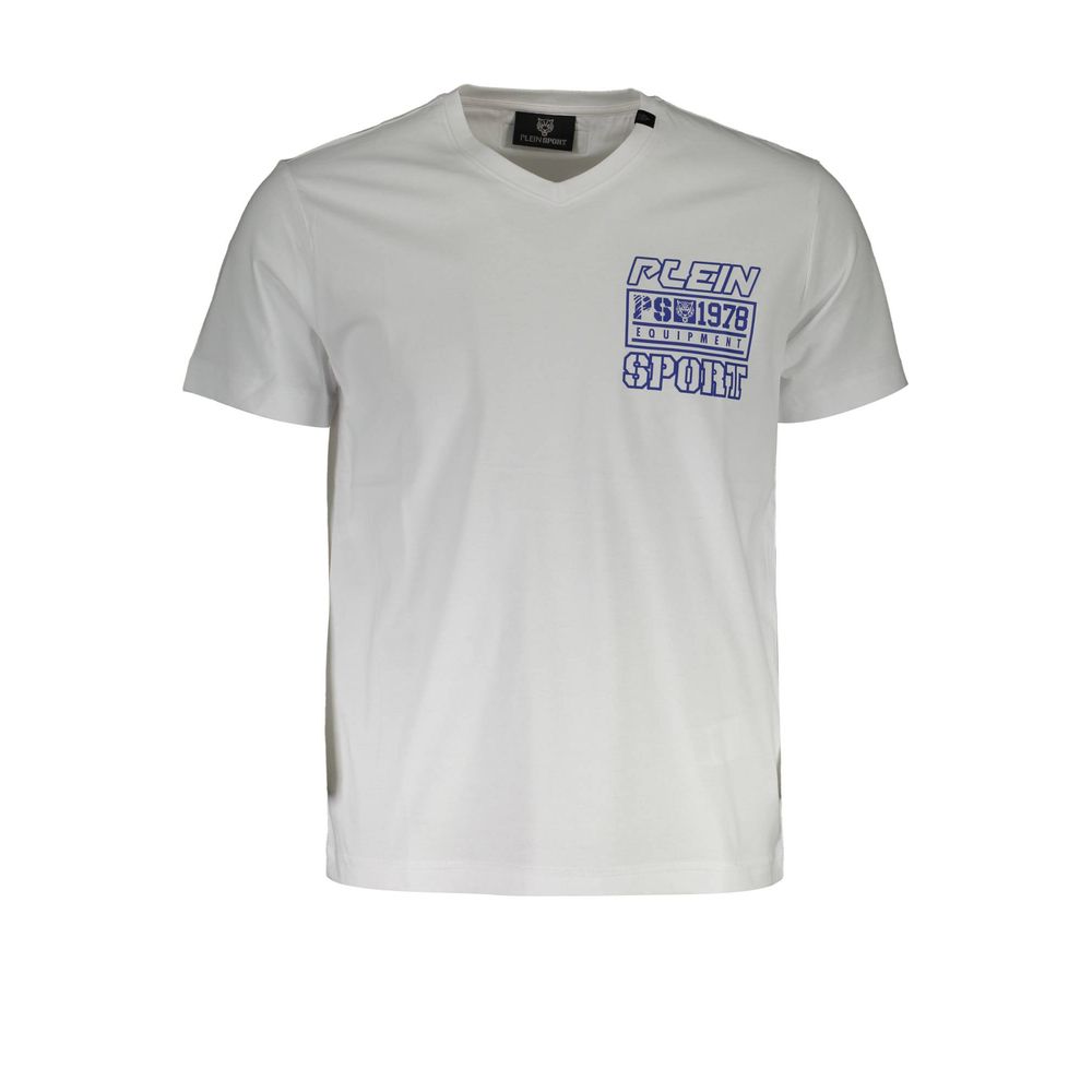 Plein Sport White Cotton Men T-Shirt with logo print and V-neck design for versatile styling and comfort.