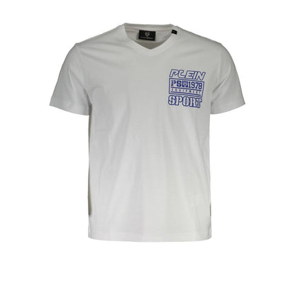 Plein Sport White Cotton Men T-Shirt with logo print and V-neck design for versatile styling and comfort.