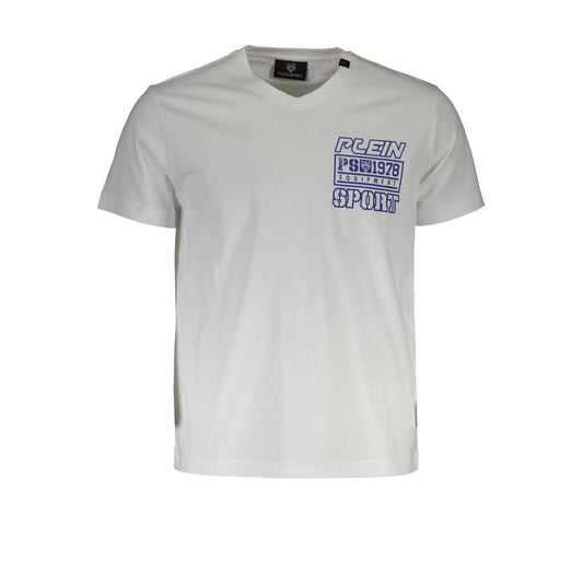 Plein Sport White Cotton Men T-Shirt with V-neck and bold logo print for a casual yet sophisticated look.