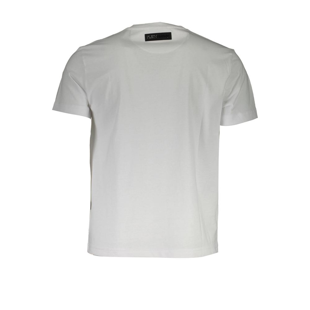 Plein Sport White Cotton Men T-Shirt with distinctive logo, short sleeves, and V-neck design for casual sophistication and comfort.