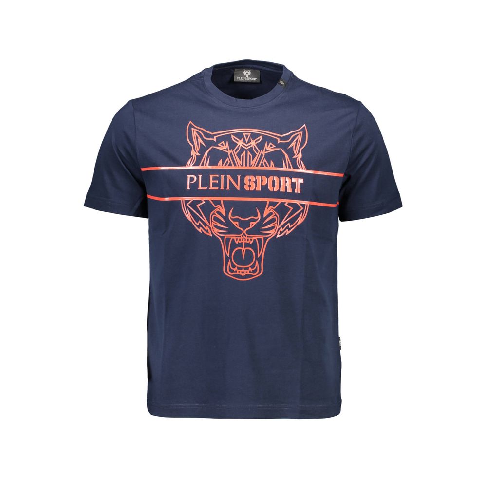 Plein Sport Blue Cotton Men T-Shirt with bold logo and short sleeves for athletic style and comfort.