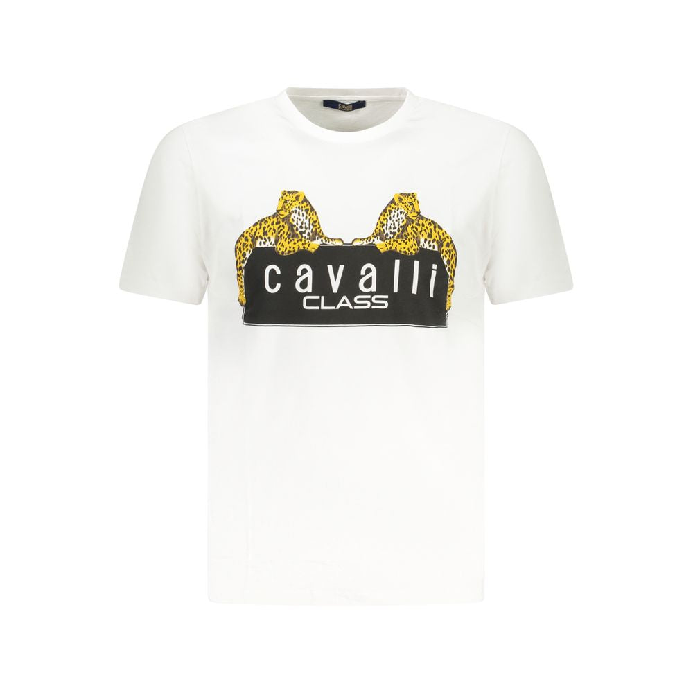 Cavalli Class White Cotton T-Shirt with short sleeves, crew neck, and leopard print logo design.