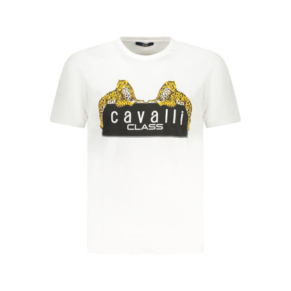 Cavalli Class White Cotton T-Shirt with short sleeves, crew neck, and leopard print logo design.