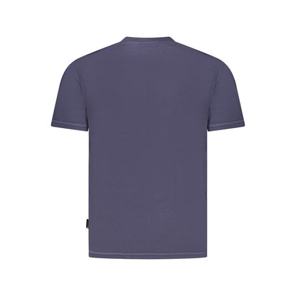 Back view of Napapijri Blue Cotton Men T-Shirt in organic fabric with short sleeves and crew neck, highlighting its sustainable luxury.