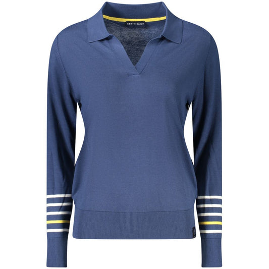 North Sails Blue Cotton Women Sweater, V-neck long-sleeved top with stripe details and logo, perfect for casual elegance.