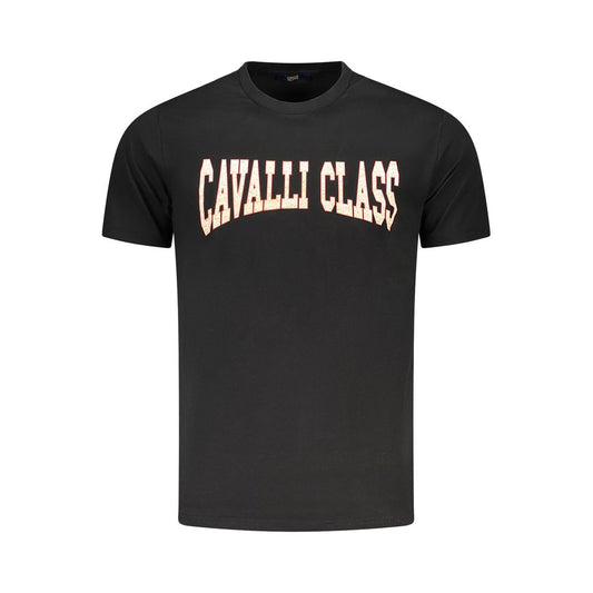 Cavalli Class Black Cotton Men T-Shirt featuring bold logo print, epitome of luxury and style, crafted for comfort and fashion-forward looks.