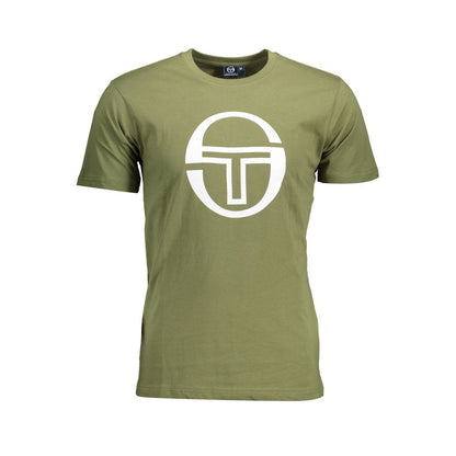 Sergio Tacchini Green Cotton Men T-Shirt with bold logo print, short sleeves, crew neck, premium cotton for casual sophistication.