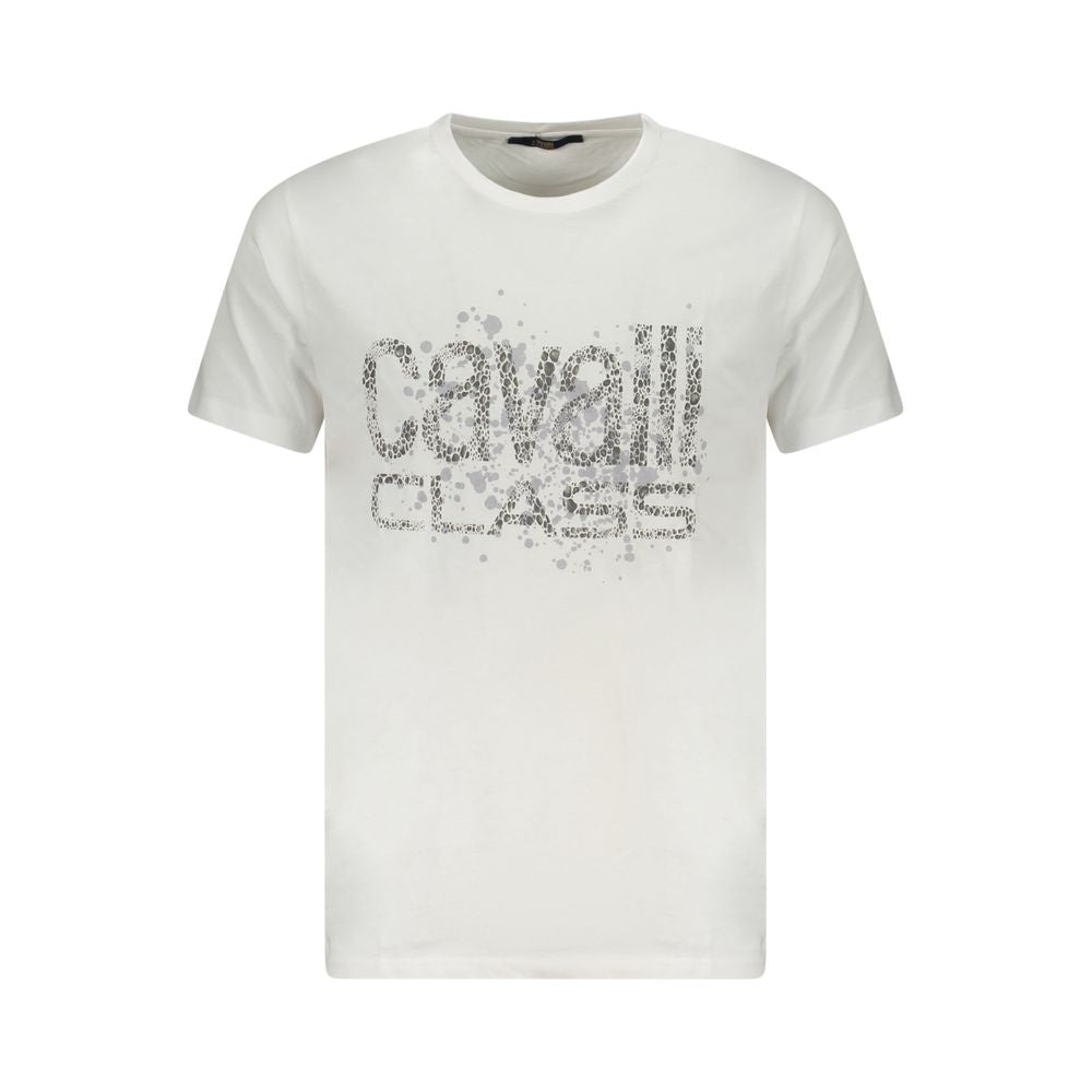 Cavalli Class White Cotton Men T-Shirt with striking print and iconic logo, crafted for timeless sophistication and Italian luxury.