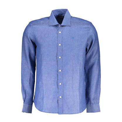 North Sails Blue Linen Men Shirt with long sleeves, Italian collar, and 1 button cuffs, featuring subtle embroidery and logo.