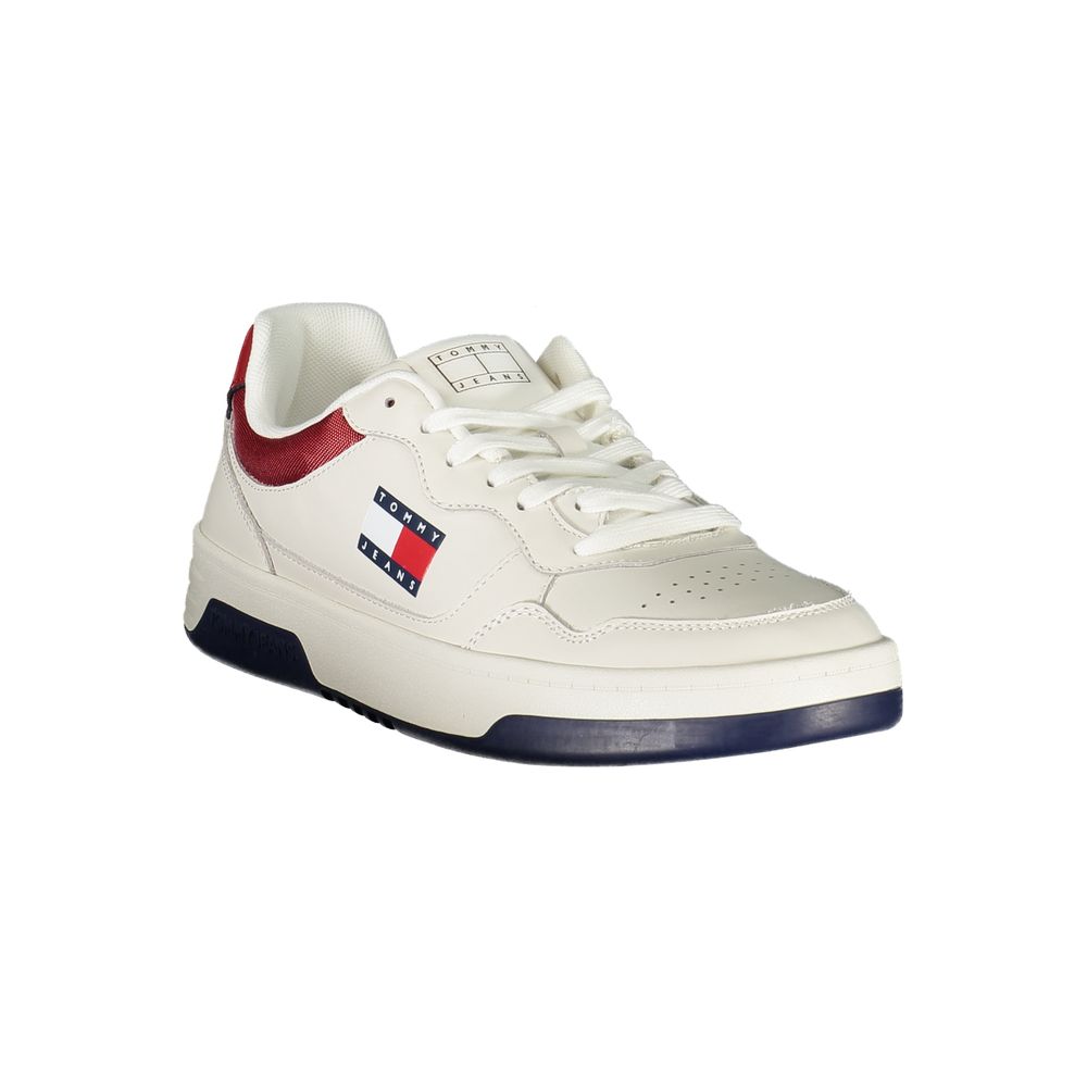 Tommy Hilfiger White Leather Men Sneaker with iconic logo, plush insole, and sporty chic design.