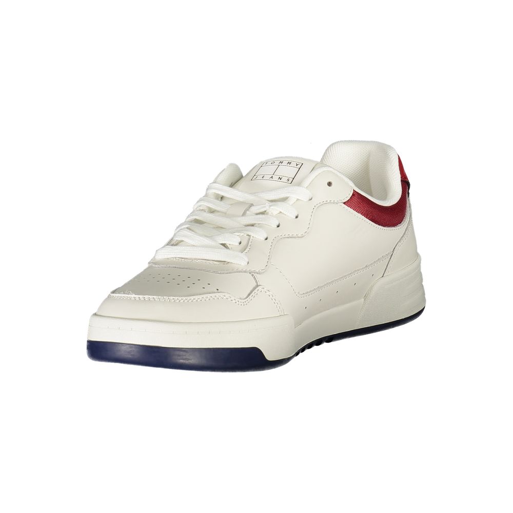 Tommy Hilfiger White Leather Men Sneaker with red accents and removable insole for comfort, featuring iconic logo print for a sporty chic look.