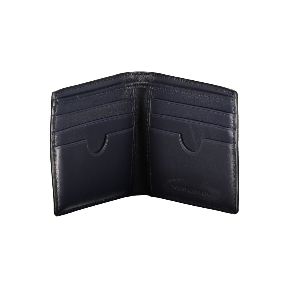 Tommy Hilfiger Black Leather Wallet with double card spaces and contrast details, open view showing interior slots.