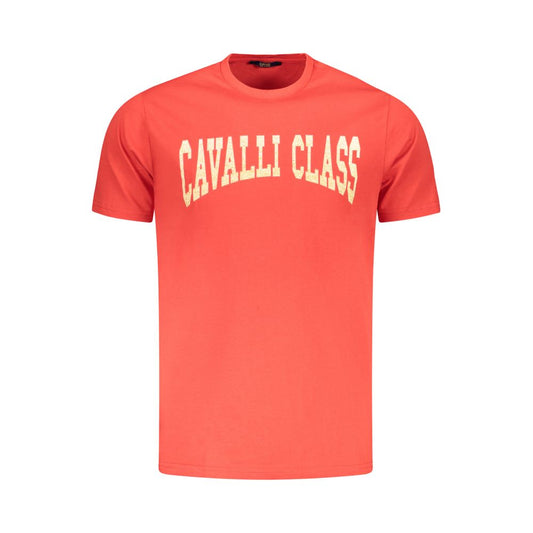 Cavalli Class Red Cotton Men T-Shirt featuring bold print and iconic logo for stylish casual and chic events.