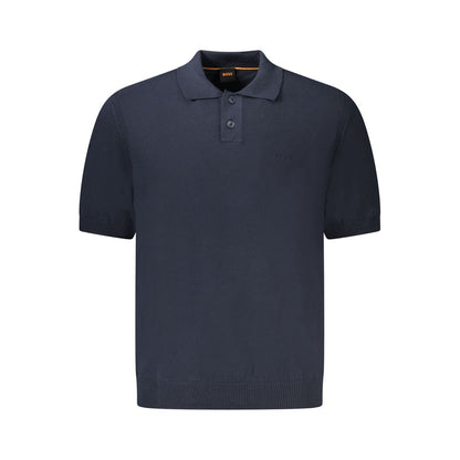 Hugo Boss Blue Cotton Sweater with short sleeves, 2 buttons, embroidery, and logo detailing. Perfect for a stylish and casual look.