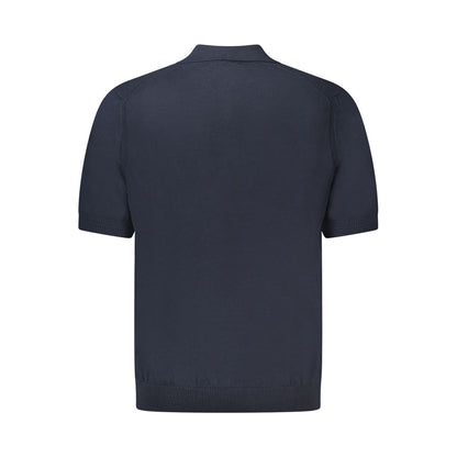 Hugo Boss Blue Cotton Sweater - short sleeved with 2 buttons, embroidery, and logo.