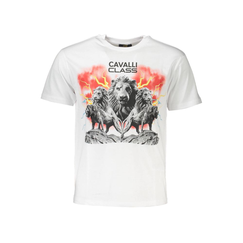 Cavalli Class White Cotton Men T-Shirt with lion graphic and logo, minimalist design, premium cotton for comfort, modern casual look.