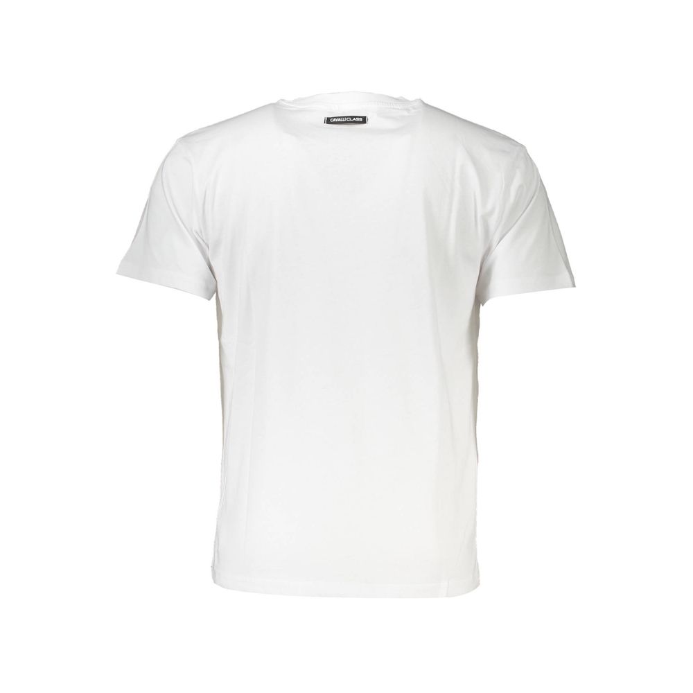 Cavalli Class White Cotton Men T-Shirt with subtle print and logo, crafted in premium cotton for comfort and style. Ideal for casual wear.
