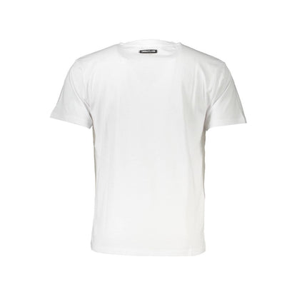 Cavalli Class White Cotton Men T-Shirt with subtle print and logo, crafted in premium cotton for comfort and style. Ideal for casual wear.