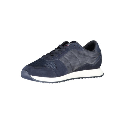 Tommy Hilfiger Blue Polyester Men Sneaker featuring sustainable design with iconic logo and standout blue hue for fashion-forward style.