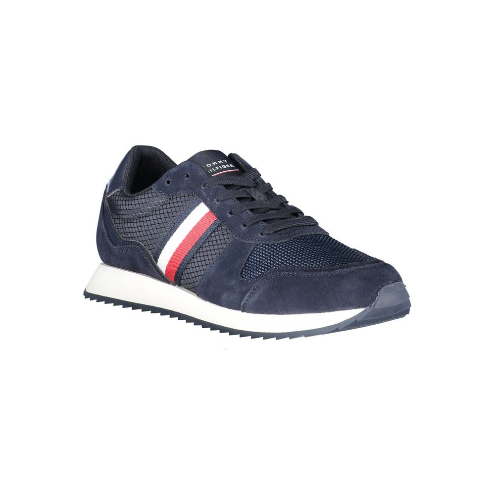 Tommy Hilfiger Blue Polyester Men Sneaker with iconic design and logo, showcasing sustainable and stylish footwear options.