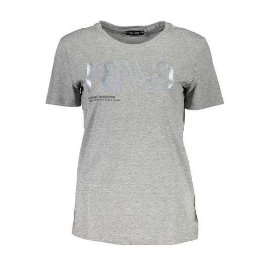 Guess Jeans Gray Cotton Women T-Shirt with short sleeves and wide neck, featuring standout print and logo on the front.