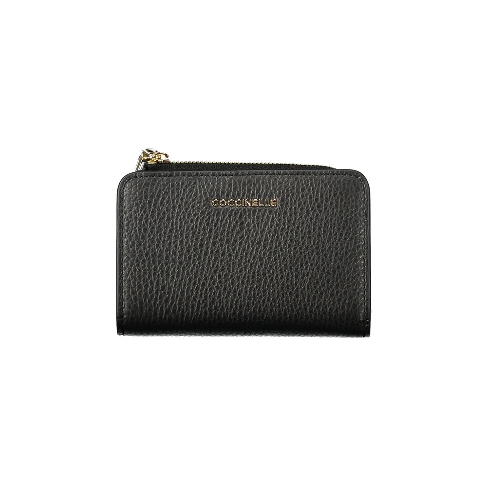 Coccinelle Black Leather Women Wallet with zip closure, embossed logo, showcasing elegant design and functionality.
