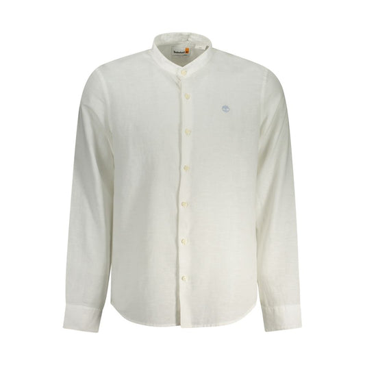 Timberland White Cotton Shirt with long sleeves, slim fit, and mandarin collar, featuring logo embroidery and button closure.