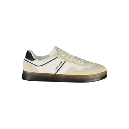 Tommy Hilfiger White Leather Men Sneaker with black accents and logo, side view on a white background.