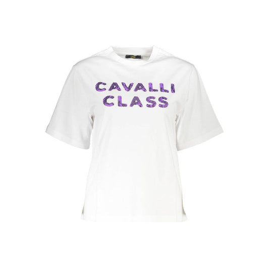 Cavalli Class White Cotton Women T-Shirt with logo print and round neck design.