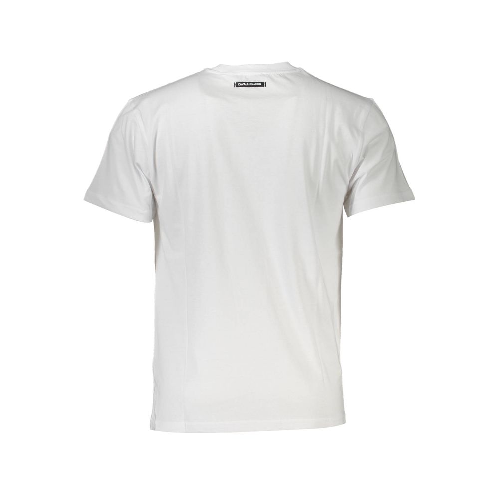Back view of Cavalli Class White Cotton Men T-Shirt with logo and short sleeves.