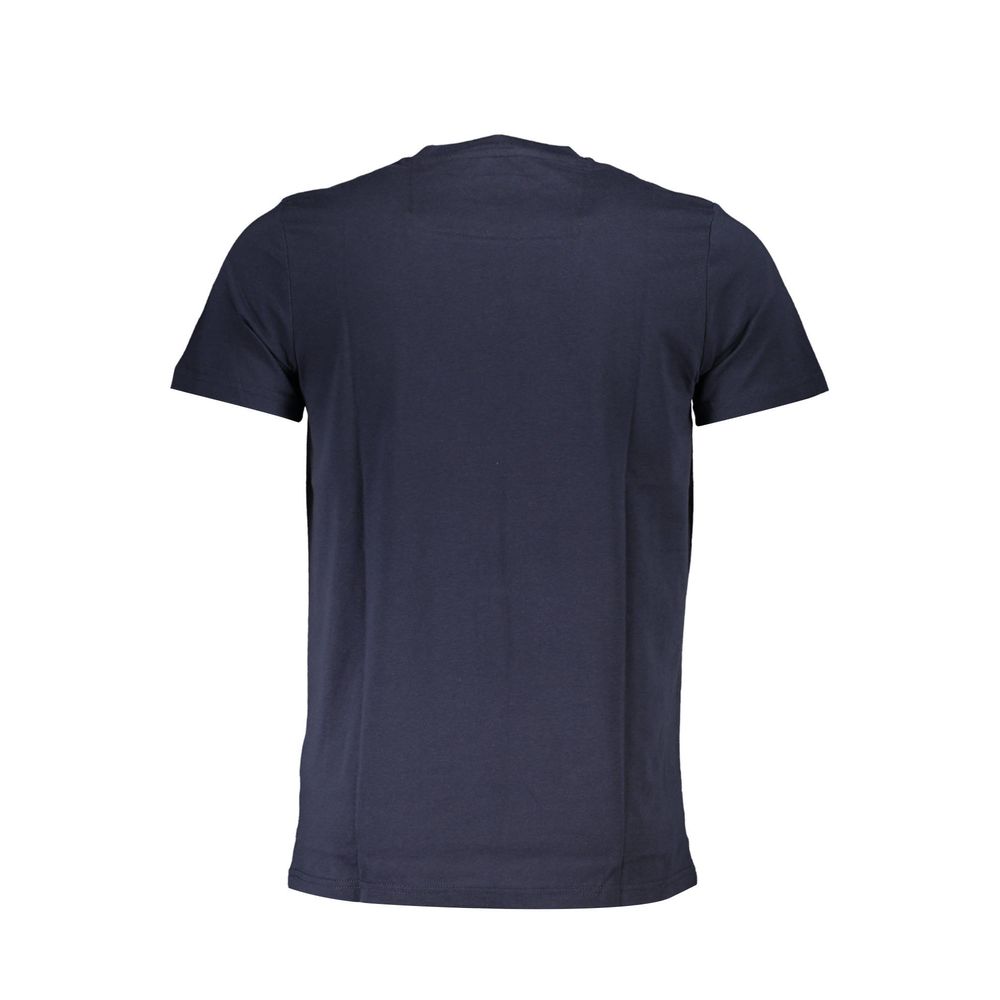 Cavalli Class Blue Cotton Men T-Shirt with short sleeves and logo detailing, back view, contemporary fashion for men, soft cotton fabric.