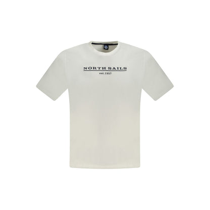 North Sails White Cotton Men T-Shirt featuring iconic logo print, short sleeves, and sustainable soft cotton construction.