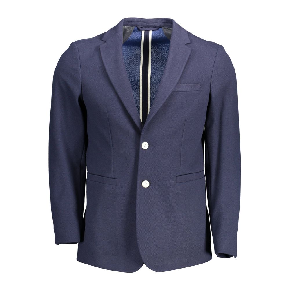 Gant Blue Cotton Men Jacket with 2-button closure and slim-fit design, featuring multiple pockets for convenience.