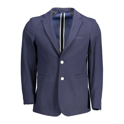 Gant Blue Cotton Men Jacket with 2-button closure and slim-fit design, featuring multiple pockets for convenience.