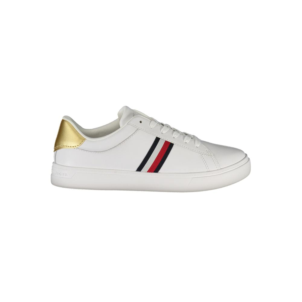 Tommy Hilfiger White Leather Women Sneaker with gold accents and iconic logo, stylish and luxurious design for elegance and comfort.