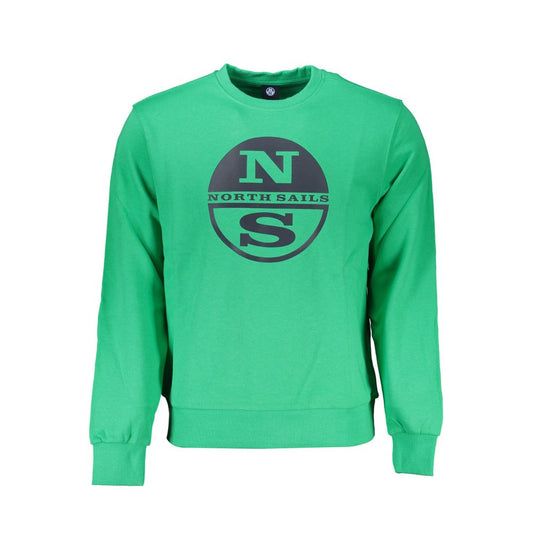 North Sails Green Cotton Men Sweater with logo print on front, featuring crew neck and long sleeves for stylish comfort.