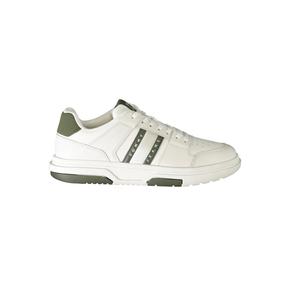 Tommy Hilfiger White Polyethylene Men Sneaker with green accents and logo, stylish and durable, perfect for modern fashion-forward individuals.