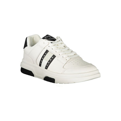 Tommy Hilfiger White Polyethylene Men Sneaker with black accents and logo, featuring a removable footbed for customized comfort and style.