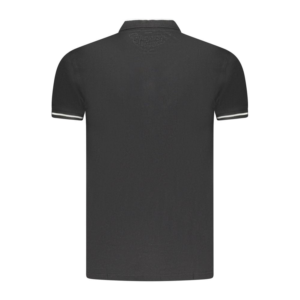 Cavalli Class Black Cotton Men Polo Shirt with three-button detail and signature embroidery, made from premium cotton for comfort and style.