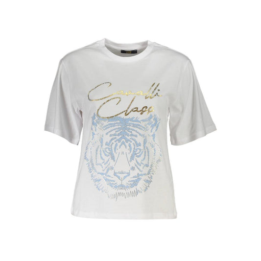 Cavalli Class White Cotton Women T-Shirt with statement print and logo, regular fit, round neck short sleeve design.