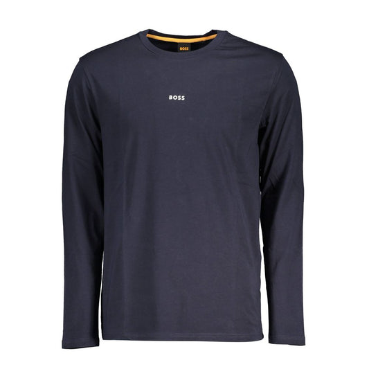 Hugo Boss Blue Cotton Men T-Shirt with long sleeves, crew neck, and logo detail, crafted from organic cotton and elastane for modern style.