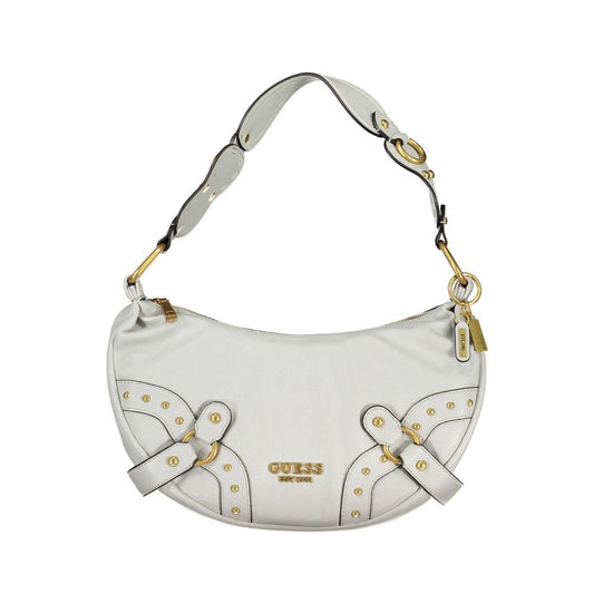 White Guess shoulder bag with gold accents, perfect for stylish outings.