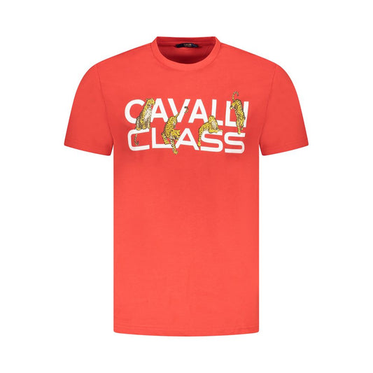 Cavalli Class Red Cotton Men T-Shirt with bold print and logo, short-sleeved crew neck design, perfect for stylish comfort.