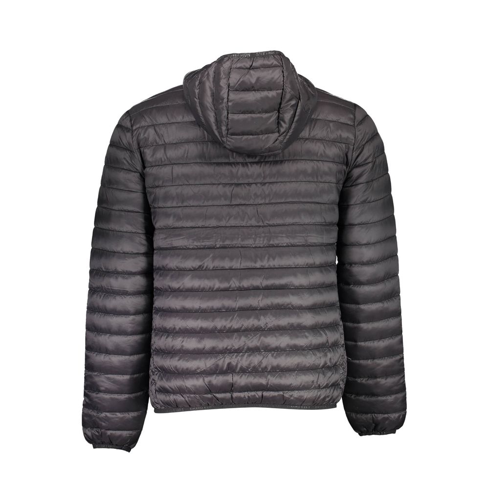 Rear view of North Sails Black Polyamide Men Jacket showcasing hood and quilted design suitable for transitional weather.