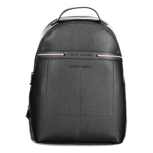 Tommy Hilfiger Black Polyethylene Men Backpack with logo and contrasting details, featuring adjustable shoulder straps and multiple pockets.