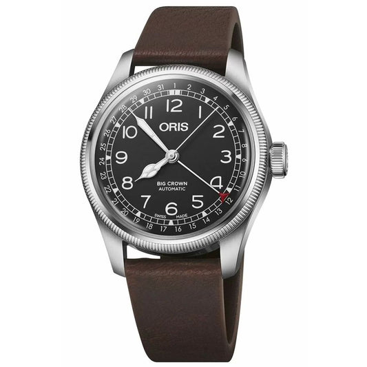 ORIS MOD. WALDENBURGERBAHN wristwatch with stainless steel case, black dial, leather strap, and sapphire crystal. Swiss-made and automatic.