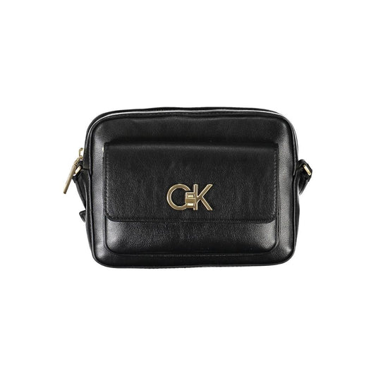 Calvin Klein Black Recycled Polyester Women Handbag with gold CK logo, eco-friendly fashion accessory with practical pockets.