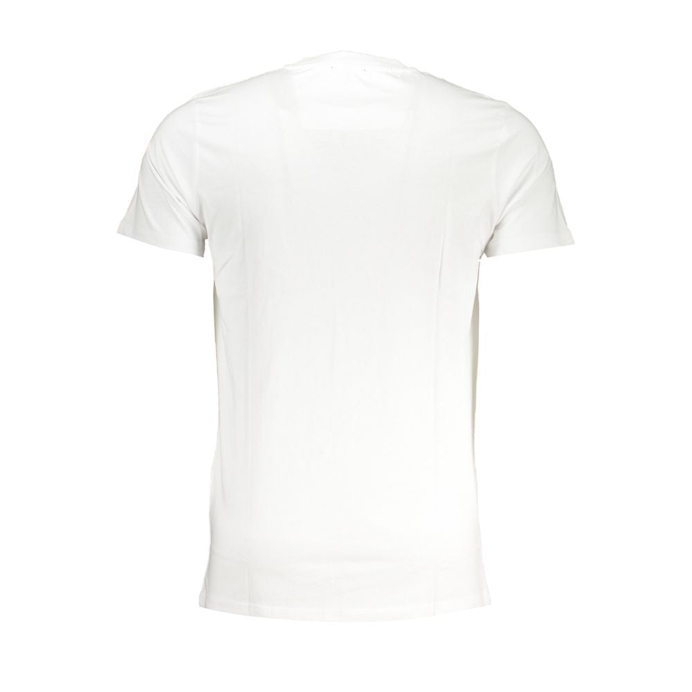 Back view of Cavalli Class White Cotton T-Shirt with short sleeves, crew neck, and logo print design.