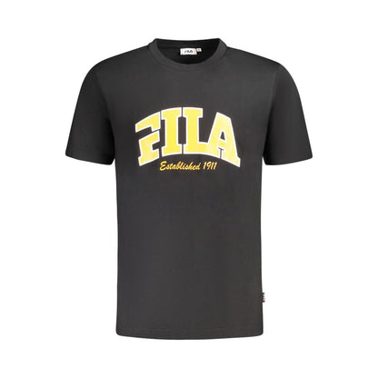 Fila Black Cotton Men T-Shirt with graphic print, featuring iconic yellow Fila logo, perfect for style and comfort.