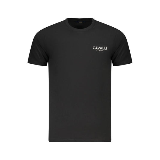 Cavalli Class Black Cotton Men T-Shirt, sleek design with an eye-catching print and logo, crafted for comfort and style.